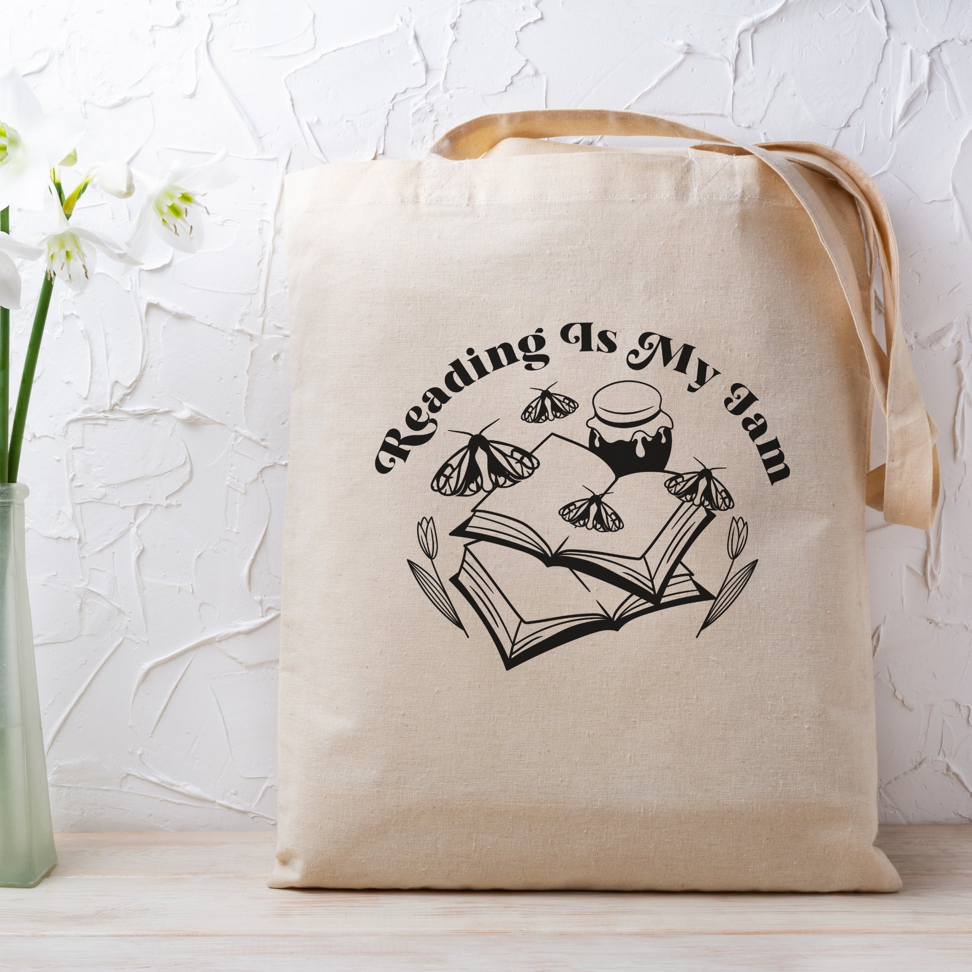 Book lover shoulder bag, Reading-themed book bag, Bookworm tote for librarians, Novelty bookish shopping bag, Cute book lover carryall, Customized literary tote, Eco-friendly bookish bag, Personalized book themed tote, Reading is my jam, mystical moth, booklover accessories, tulips