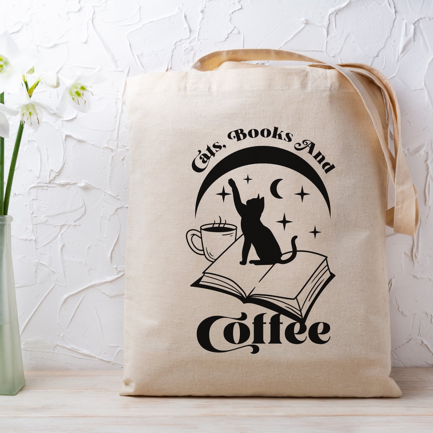 Book lover tote bag, Literary tote bag, Library Bag, Bookish shoulder bag, Reading-themed tote, Novelty book bag, Cute bookish tote, cat lover gift, bookworm accessories, bookish, moon and stars bag, coffee lover, books and cats, cat lady