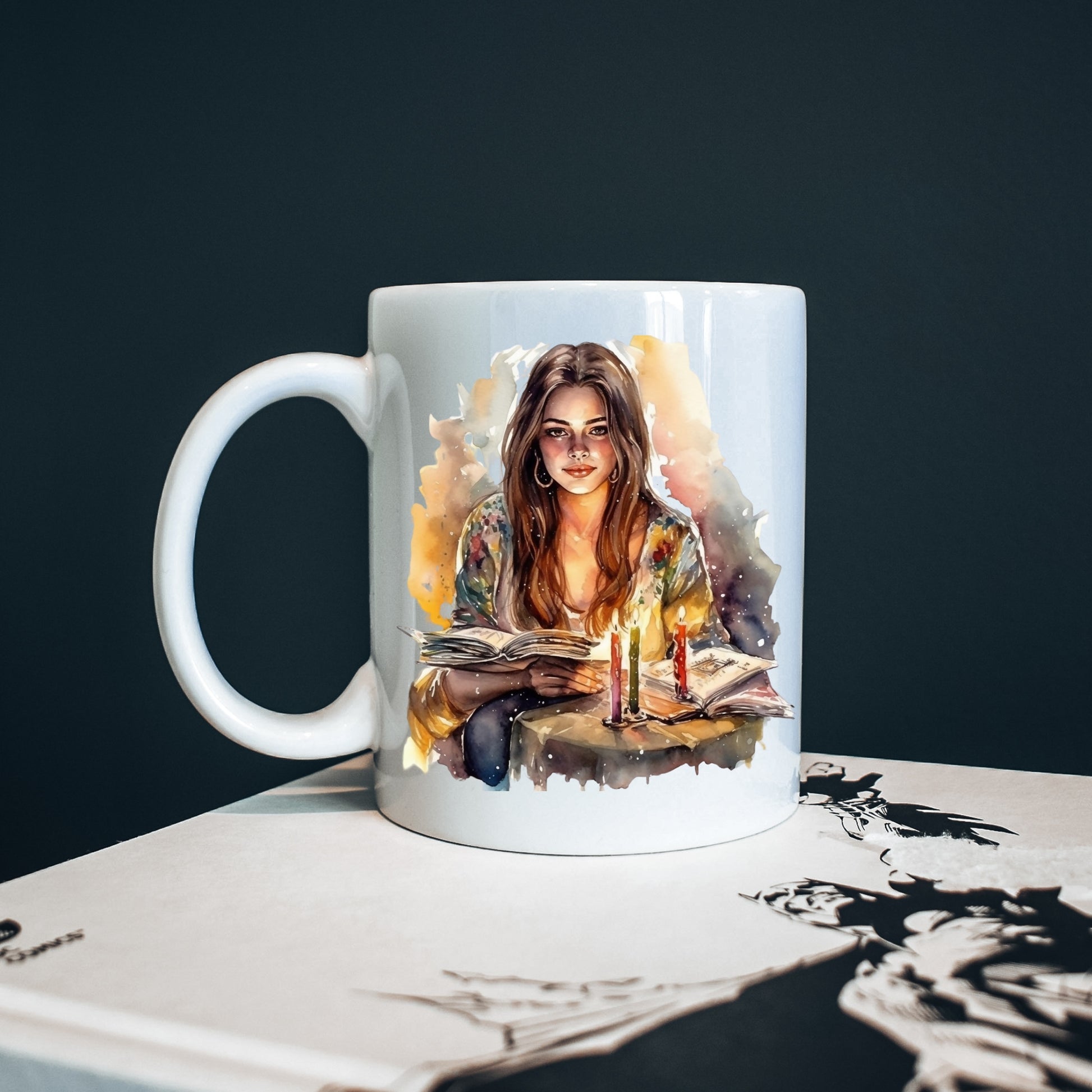 reading mug, book lover accessories, gift ide, holiday season, watercolor art, beautiful girl 