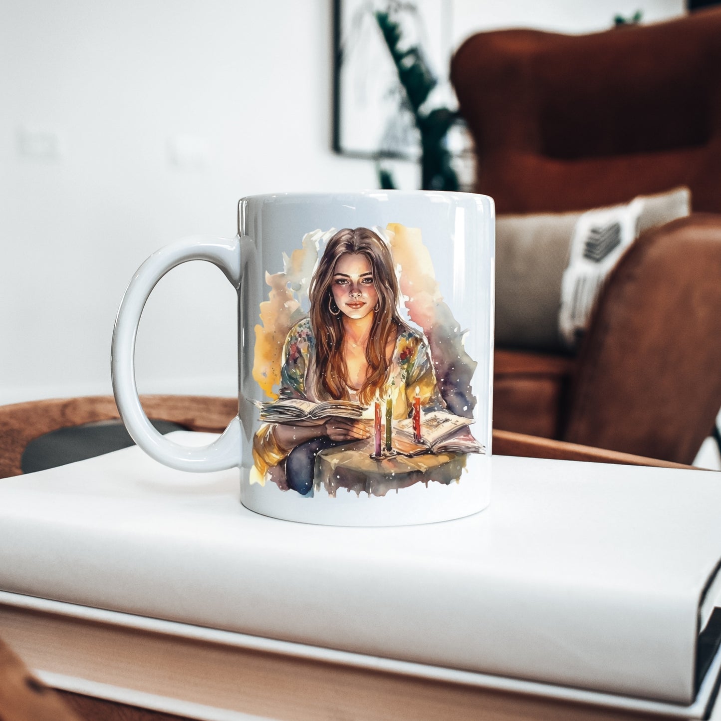 reading mug, book lover accessories, gift ide, holiday season, watercolor art, beautiful girl 