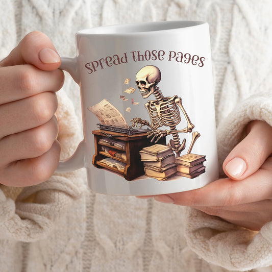 Skeleton coffee mug, Typewriter graphic mug, Writer's coffee cup, Unique graphic design mug, Book lover's mug, Quirky coffee mug, Creative inspiration mug, Humorous coffee cup, Novelty writer's mug, Unique 11oz coffee mug