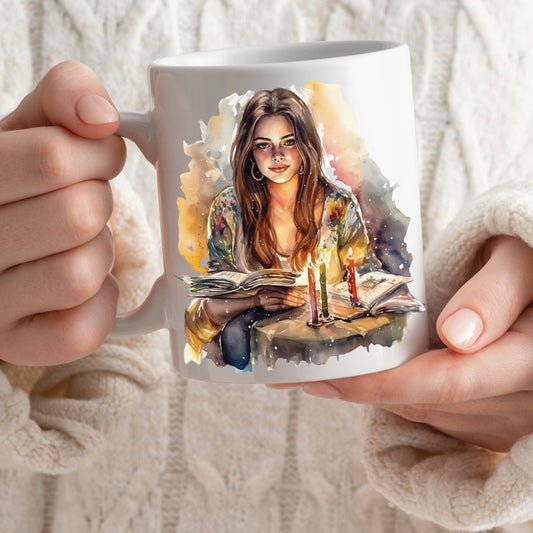 reading mug, book lover accessories, gift ide, holiday season, watercolor art, beautiful girl 