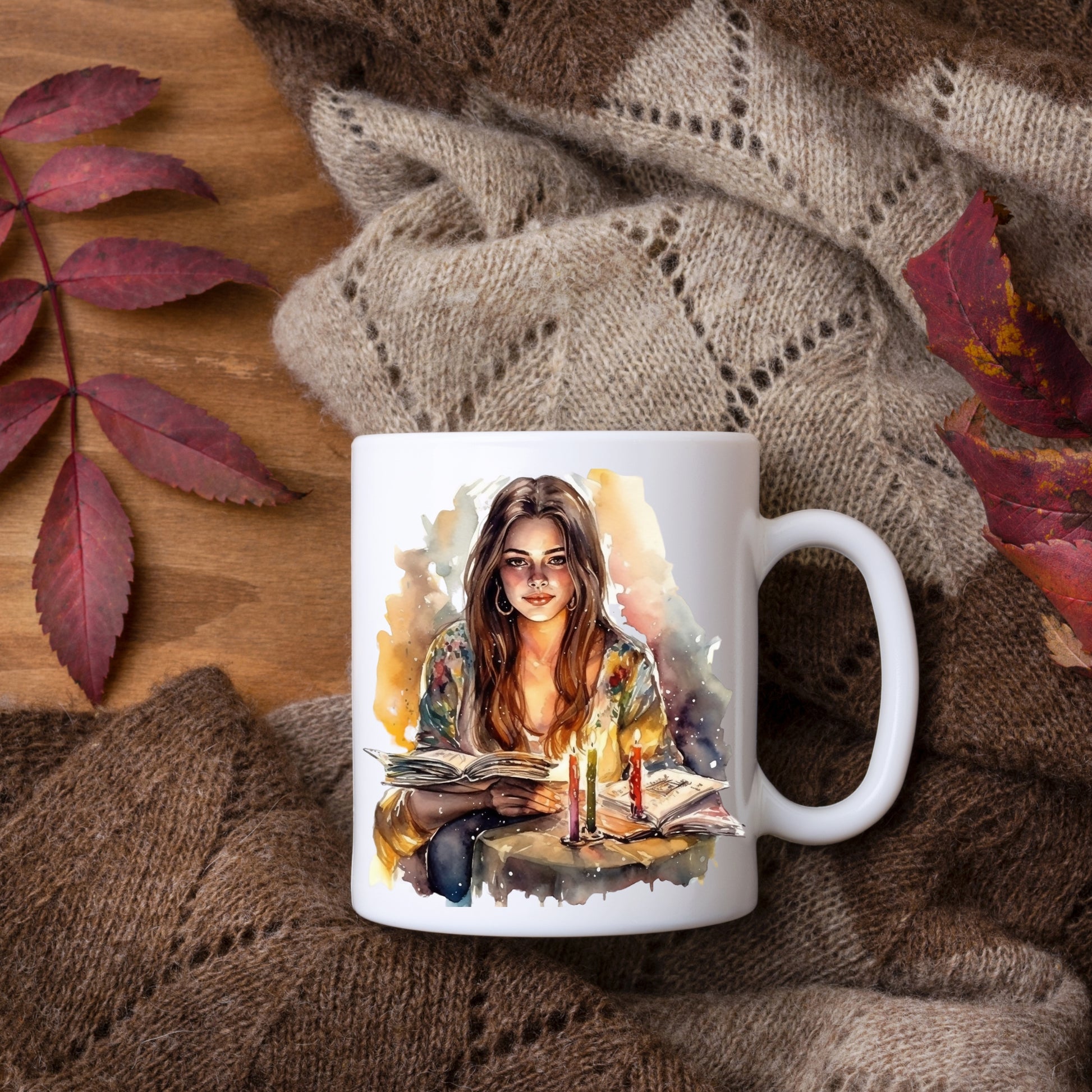 reading mug, book lover accessories, gift ide, holiday season, watercolor art, beautiful girl 