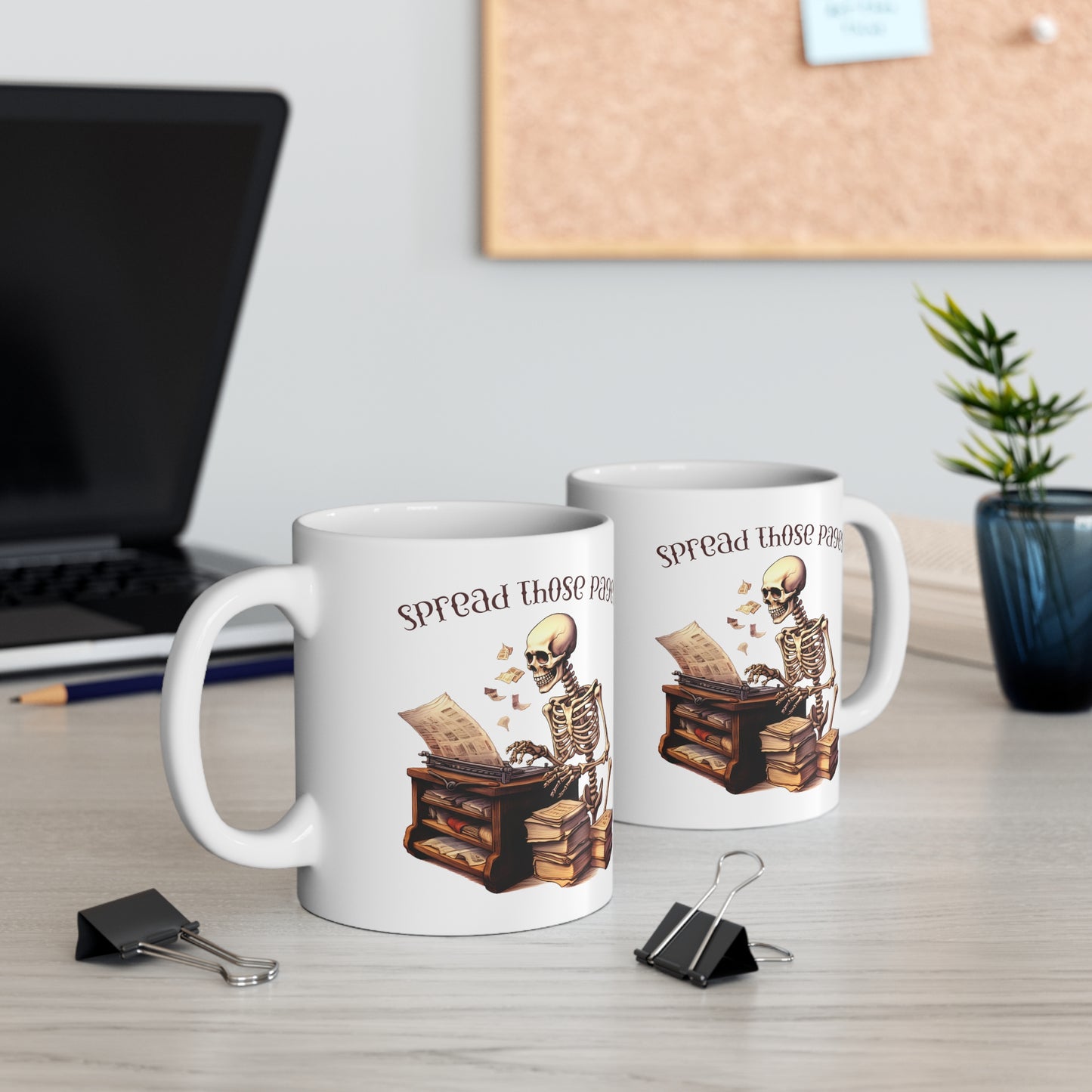 Skeleton coffee mug, Typewriter graphic mug, Writer's coffee cup, Unique graphic design mug, Book lover's mug, Quirky coffee mug, Creative inspiration mug, Humorous coffee cup, Novelty writer's mug, Unique 11oz coffee mug