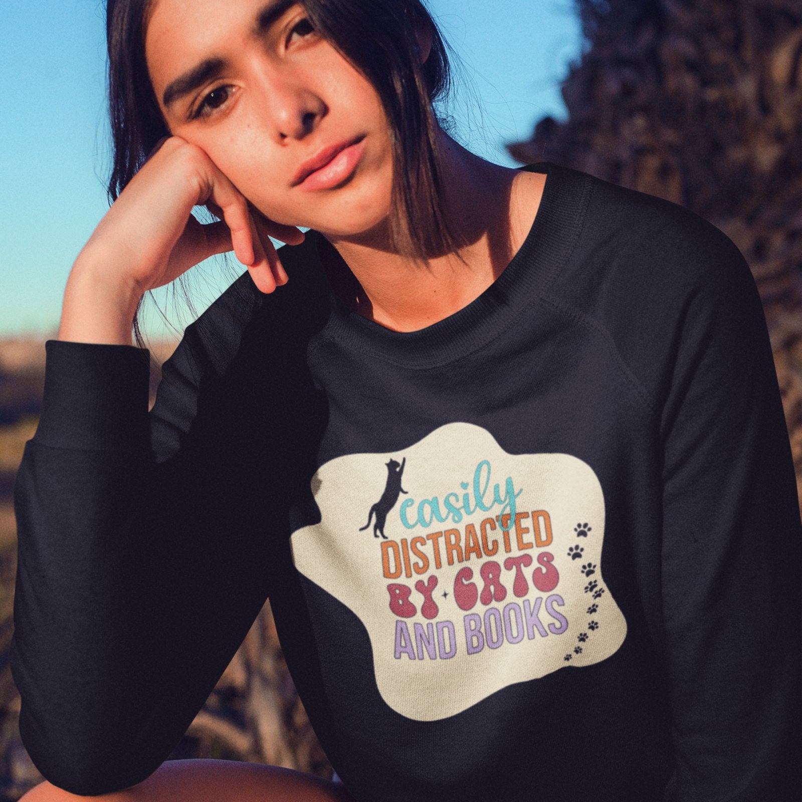 Easily Distracted by Cats and Books | Crewneck Sweatshirt - BookishBliss 