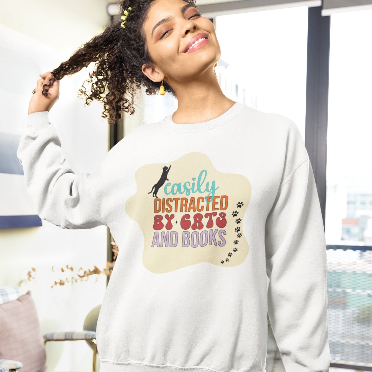 Easily Distracted by Cats and Books | Crewneck Sweatshirt - BookishBliss 