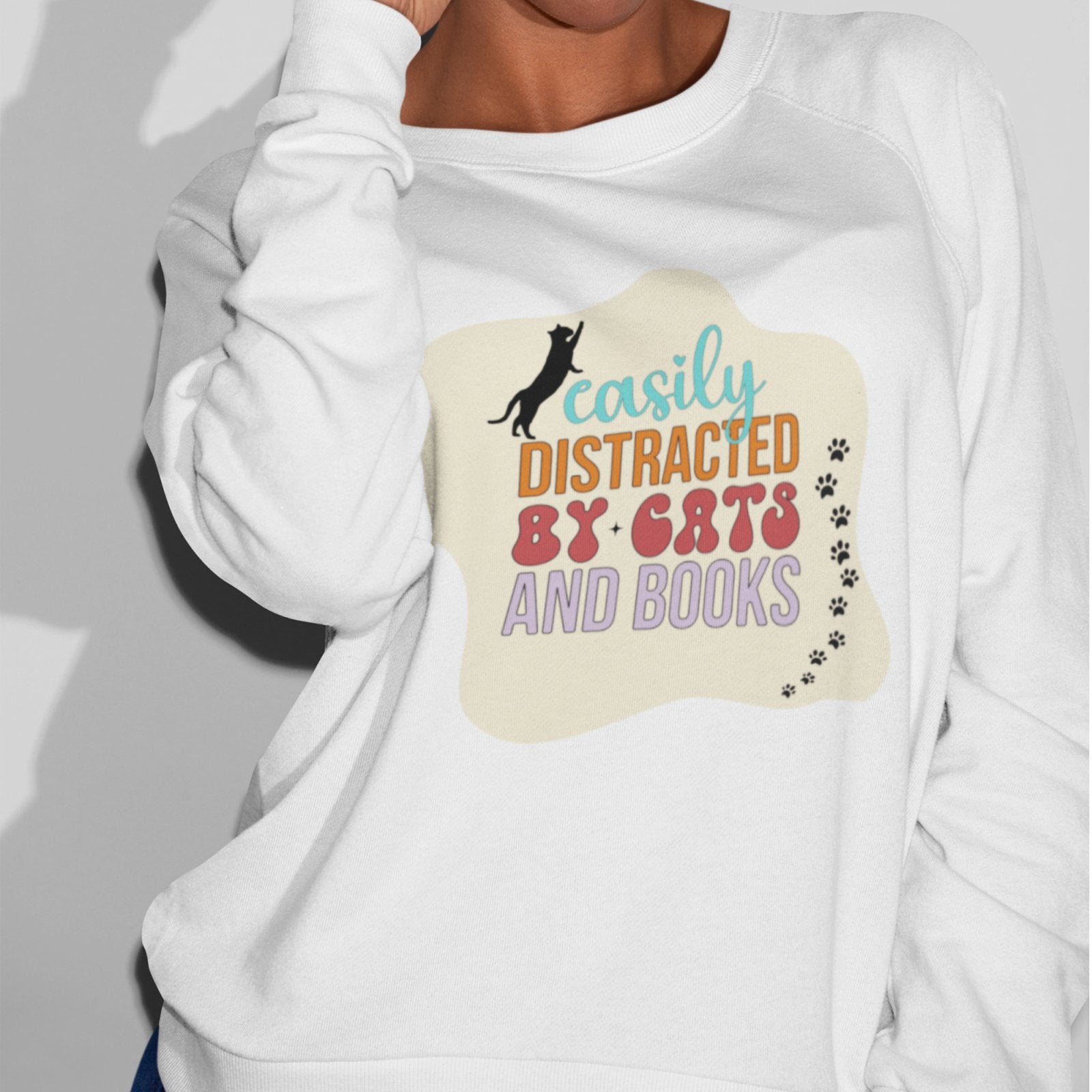 Easily Distracted by Cats and Books | Crewneck Sweatshirt - BookishBliss 