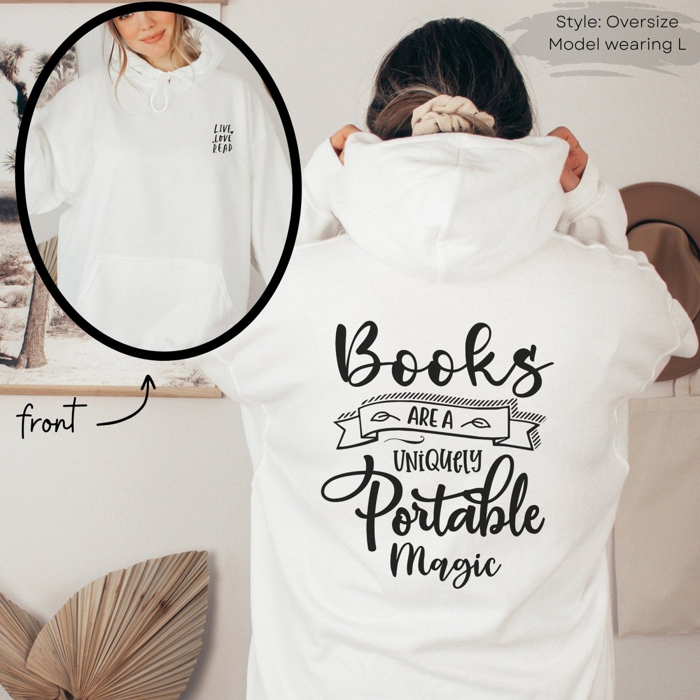 Live Love Read, Books Are A Uniquely Portable Magic, Book lover Gift, Cozy season, fall Hoodie, Sweatshirt season, literature themed apparel, reading enthusiasts, hand lettering sweatshirt, books, magical reading, reading nook