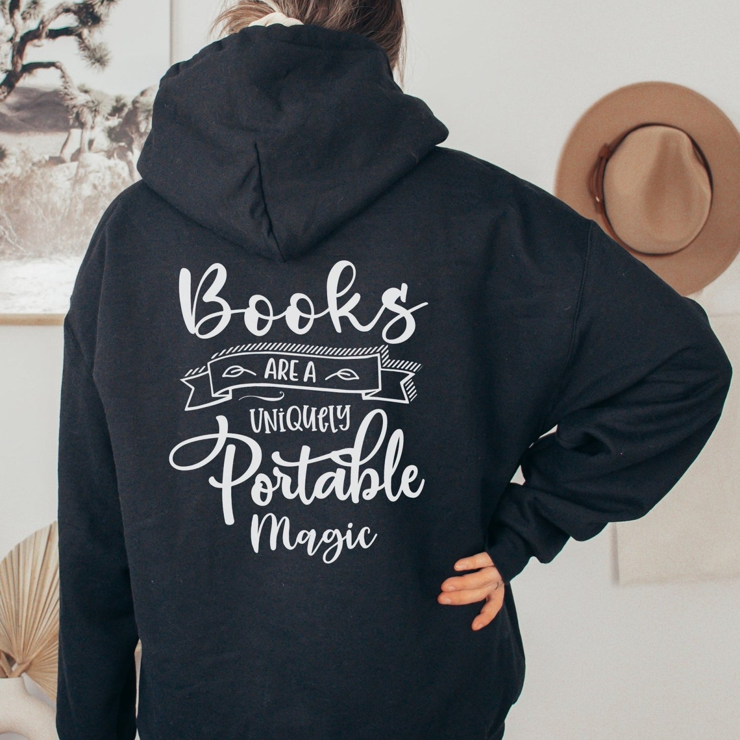 Live Love Read, Books Are A Uniquely Portable Magic, Book lover Gift, Cozy season, fall Hoodie, Sweatshirt season, literature themed apparel, reading enthusiasts, hand lettering sweatshirt, books, magical reading, reading nook