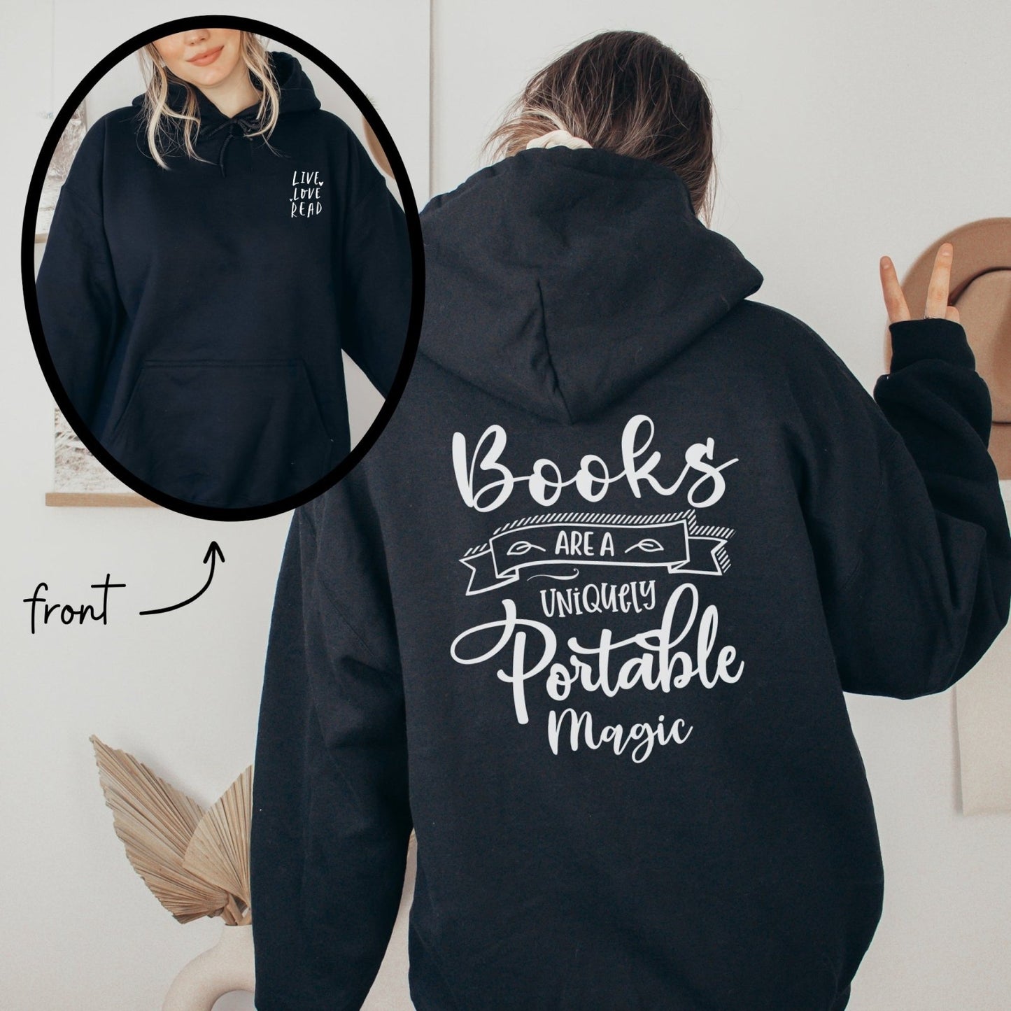 Live Love Read, Books Are A Uniquely Portable Magic, Book lover Gift, Cozy season, fall Hoodie, Sweatshirt season, literature themed apparel, reading enthusiasts, hand lettering sweatshirt, books, magical reading, reading nook