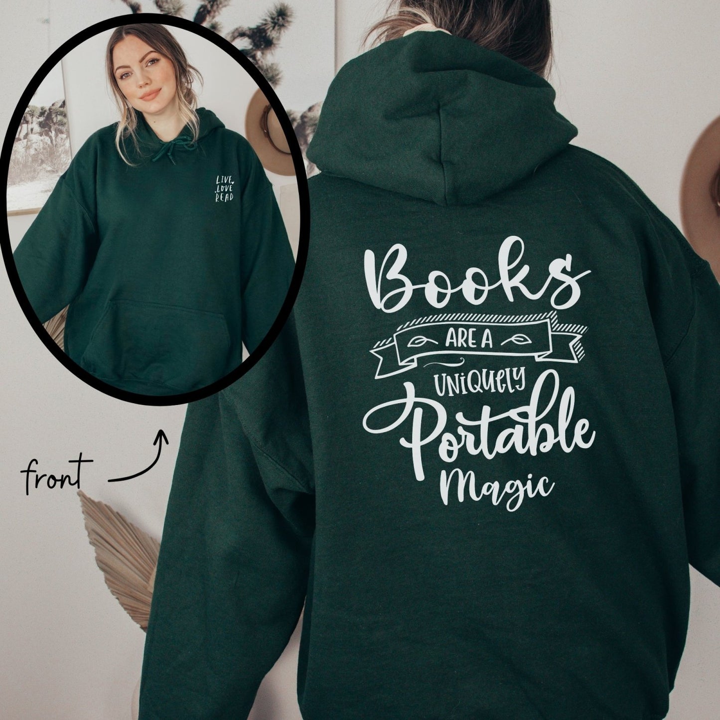 Live Love Read, Books Are A Uniquely Portable Magic, Book lover Gift, Cozy season, fall Hoodie, Sweatshirt season, literature themed apparel, reading enthusiasts, hand lettering sweatshirt, books, magical reading, reading nook