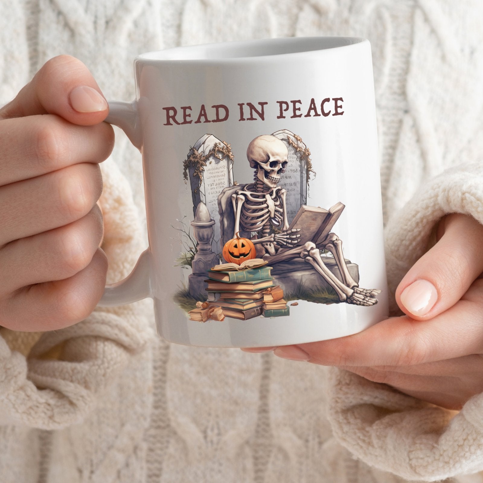 Read in peace, skeleton  mug, Christmas gift, graves, pumpkins, bookish gift, book club gift, holiday season