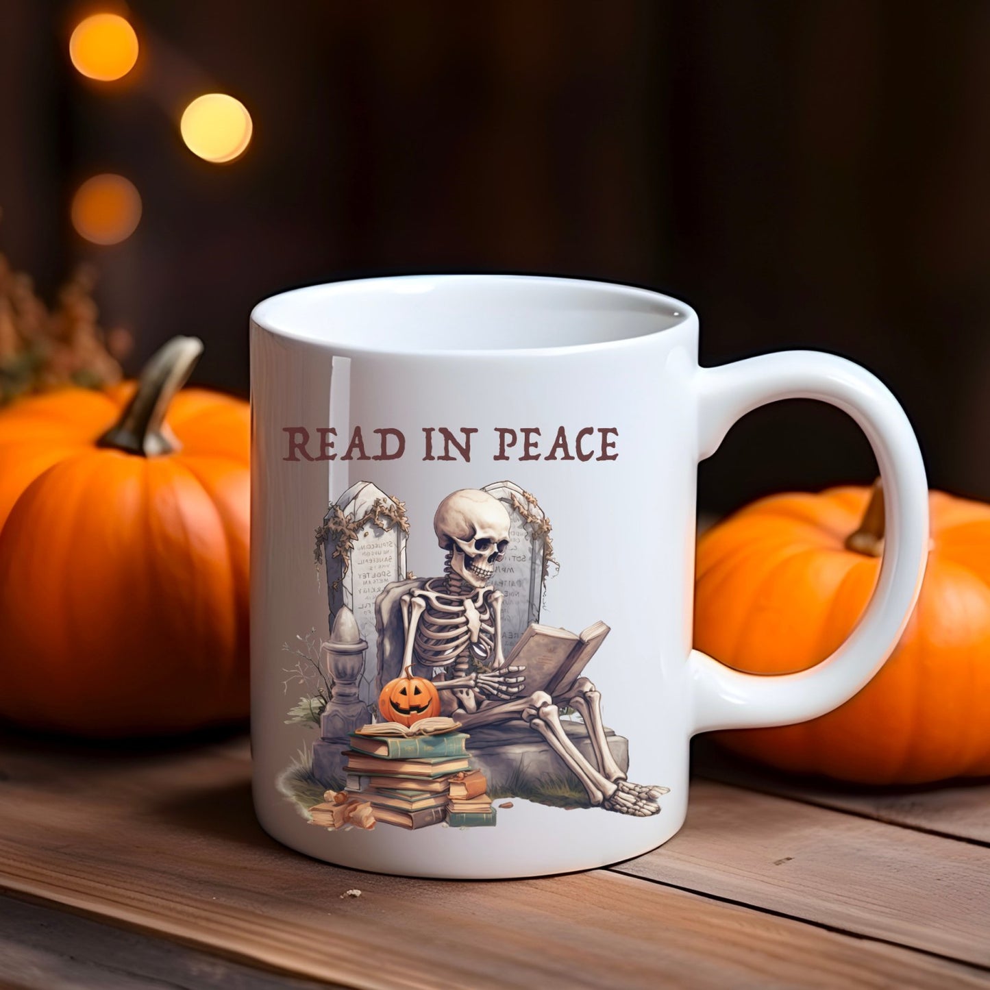 Read in peace, skeleton  mug, Christmas gift, graves, pumpkins, bookish gift, book club gift, holiday season