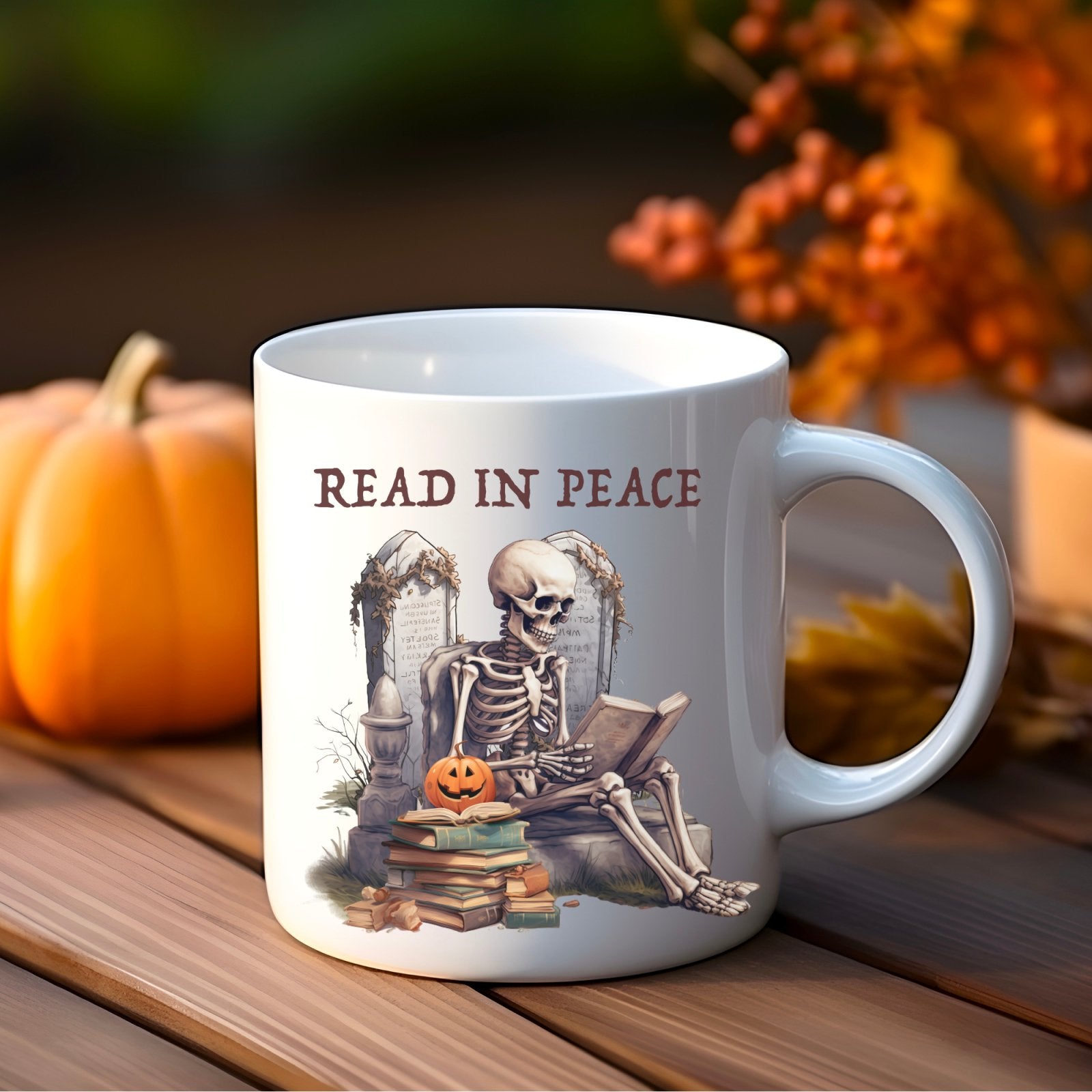 Read in peace, skeleton  mug, Christmas gift, graves, pumpkins, bookish gift, book club gift, holiday season