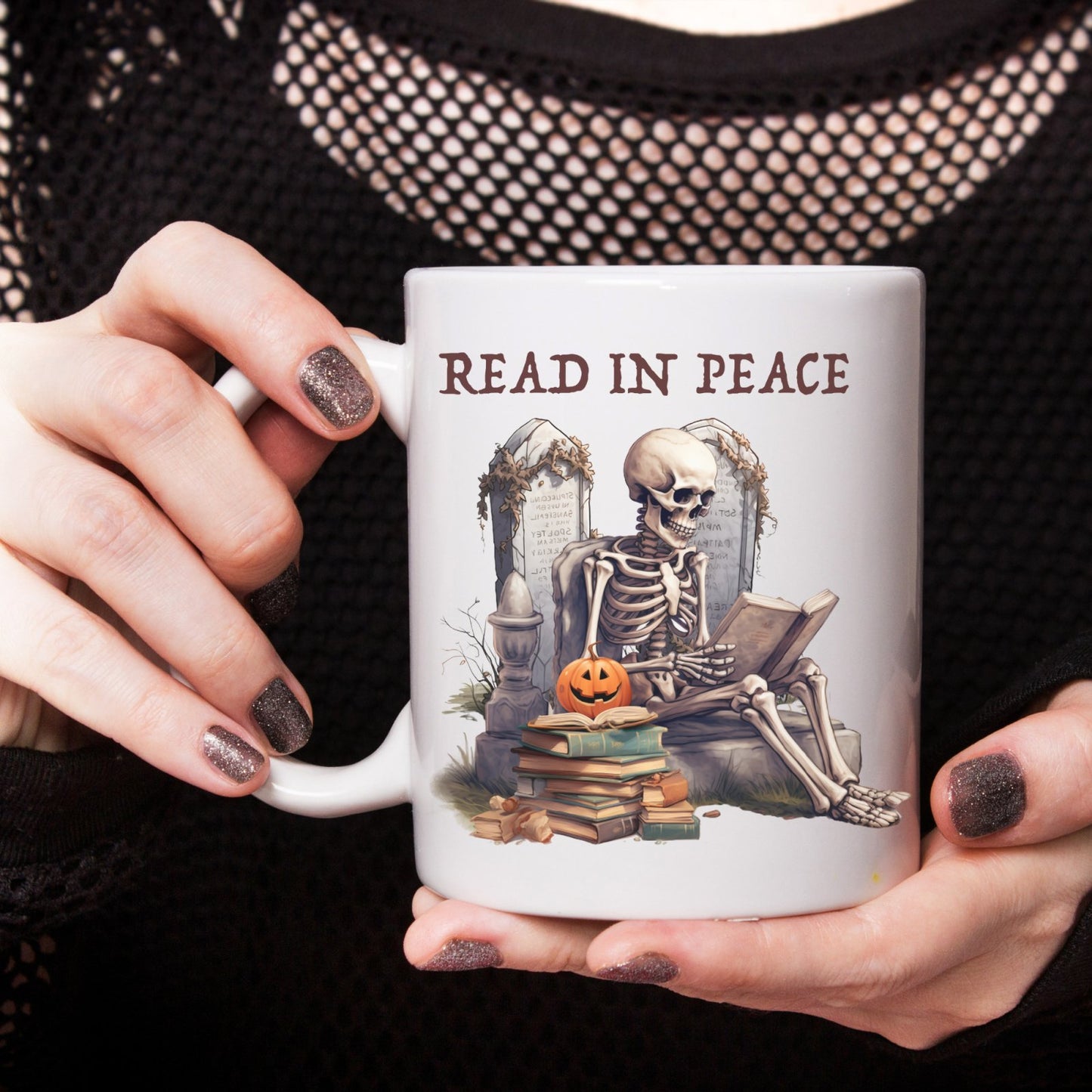 Read in peace, skeleton  mug, Christmas gift, graves, pumpkins, bookish gift, book club gift, holiday season