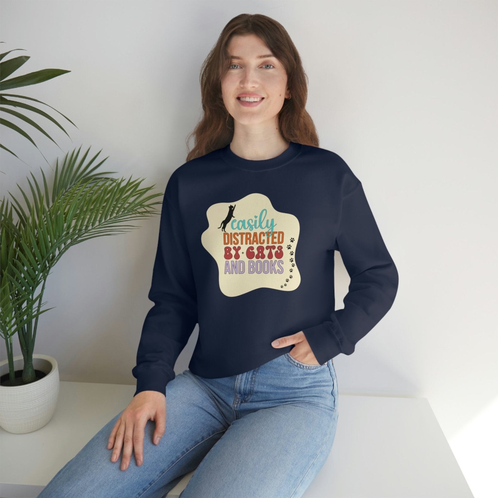 Easily Distracted by Cats and Books | Crewneck Sweatshirt - BookishBliss 