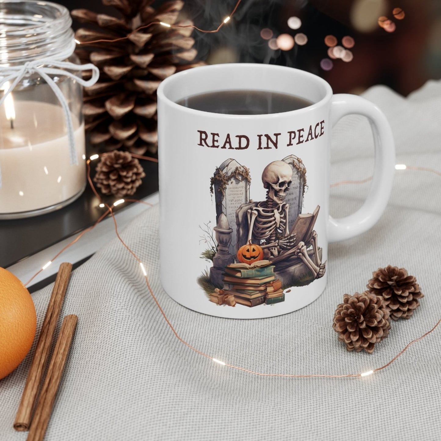 Read in peace, skeleton  mug, Christmas gift, graves, pumpkins, bookish gift, book club gift, holiday season