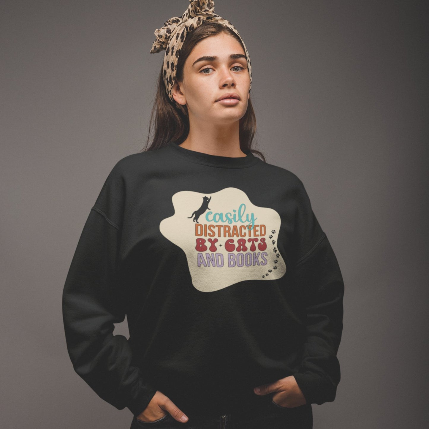 Easily Distracted by Cats and Books | Crewneck Sweatshirt - BookishBliss 