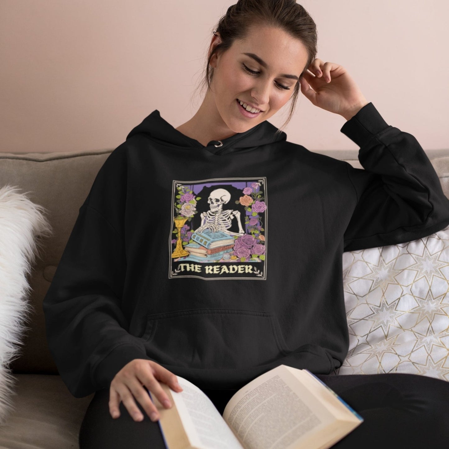 The Reader Tarot Card, Skeleton Hoodie, Spiritual Skeleton, bookish gift, book club gift, spiritual apparel, roses, retro style, Tarot Card reading