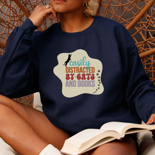 Easily Distracted by Cats and Books | Crewneck Sweatshirt - BookishBliss 