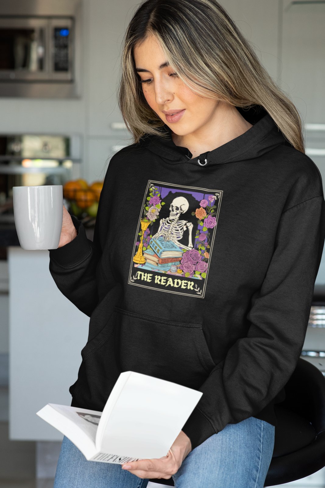 The Reader Tarot Card, Skeleton Hoodie, Spiritual Skeleton, bookish gift, book club gift, spiritual apparel, roses, retro style, Tarot Card reading